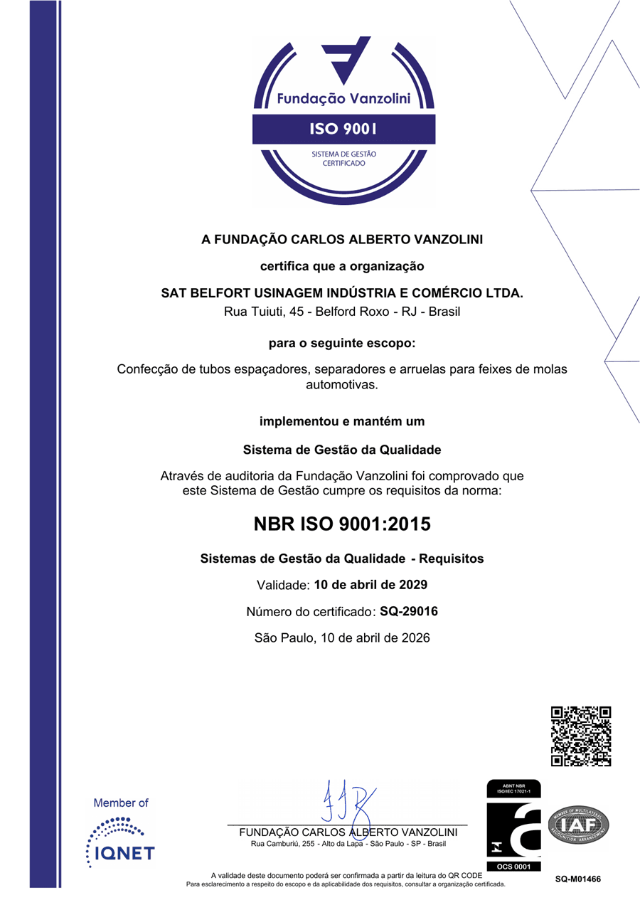Certificado NBR ISO 9001:2015 da SAT Belfort emitido pela Fundação Vanzolini